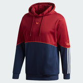 Adidas Outline Overhead Hoodie Men's in active red, front view showing large white Trefoil outline logo on the chest and a kangaroo pocket.